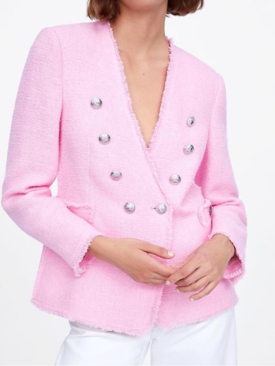 Zara Jackets & Blazers - ZARA Light Pink Tweed Double-Breasted Blazer
